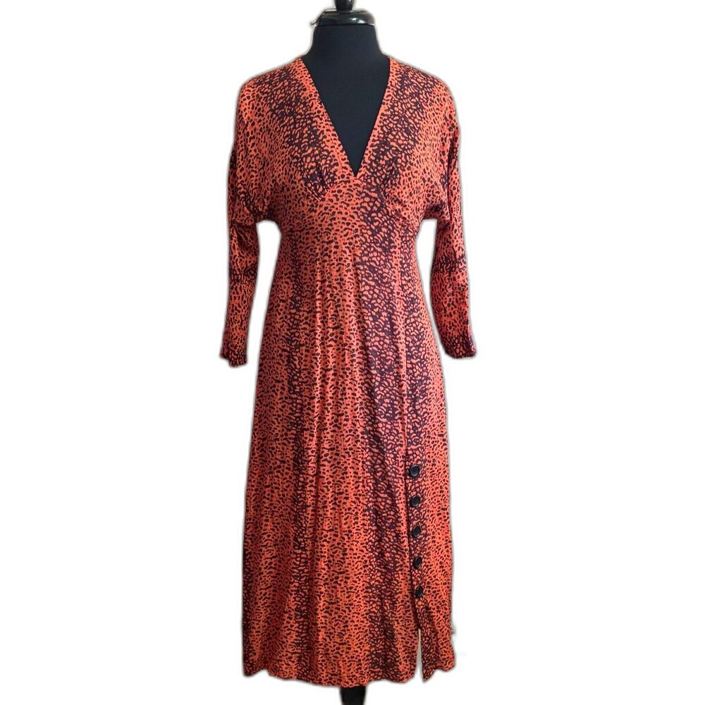 Angie Orange Animal Print Midi Dress Womens Small Boho V Neck Long Sleeve